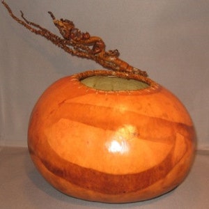 Natural Gourd Bowl with Pine Needle Rim - Coconut Palm Embellishment - Paper Decopaged Interior