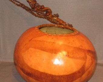 Natural Gourd Bowl with Pine Needle Rim - Coconut Palm Embellishment - Paper Decopaged Interior