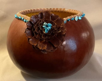 Hard Shell Gourd Bowl with Pine Needle Rim, Pinecone embellishment and Turquoise Colored Stone Beads