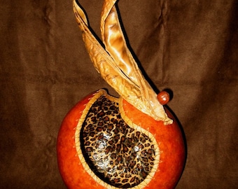 Wild Thing - Gourd Art with Leopard print interior, corn grass rim and large pod embellishment