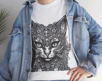 Meow Magic: Camiseta unissex amante de gatos, camiseta feita à mão para gatos, camiseta estilo gráfico desenhado à mão