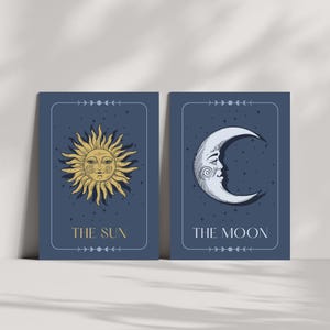 Sun and Moon Tarot Prints | Vintage Celestial Wall Art Set | Boho Mystic Poster | Digital Download | Printable Moon and Sun Art