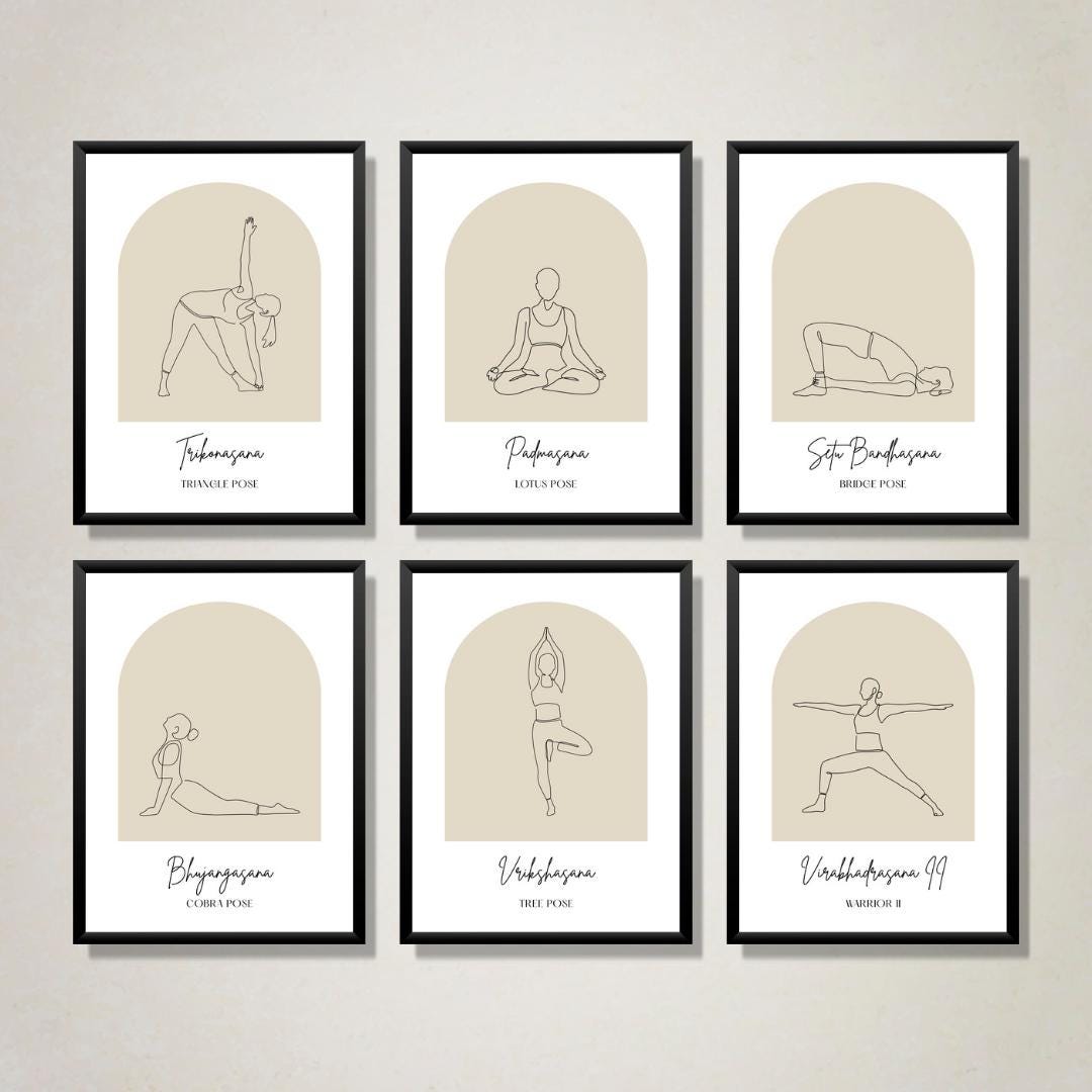 Yoga Pose Wall Art Set | Minimalist Line Art Prints | Neutral Yoga ...