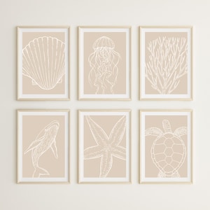 Kustkonst set med 6 tryck | Neutral beige strandtavelvägg | Minimalistisk havskonstpaket | Snäckskal, val, sköldpadda, korall, maneter