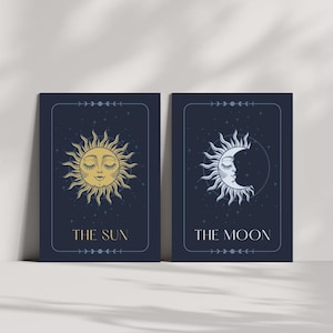 Sun and Moon Tarot Print Set | Celestial Wall Art Pair | Mystic Sun Moon Face Posters | Boho Printable Art | Navy Blue Digital Decor