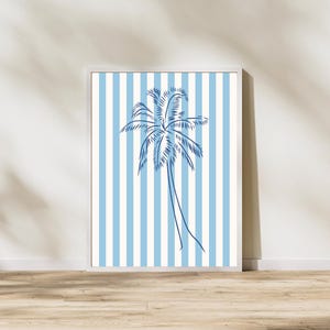 Blue Palm Tree Wall Art | Coastal Digital Print | Minimalist Beach Print | Tropical Printable Art | Nautical Striped Poster | Ocean Decor