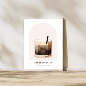 White Russian Cocktail Art Print | Vodka Coffee Liqueur Cream | Bar Cart Wall Decor | Digital Download Kitchen Poster | Printable Drink Art