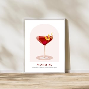 Manhattan Cocktail Digital Print | Whiskey Bar Wall Art | Classic Drink Poster for Home Bar Decor | Manhattan Recipe Printable Kitchen Art