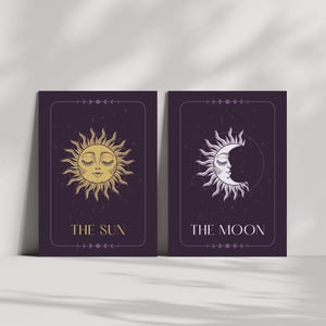 The Sun and Moon Tarot Print Set | Purple Celestial Wall Art | Mystical Boho Decor | Digital Download | Astrology Gift | Moon Phase Art