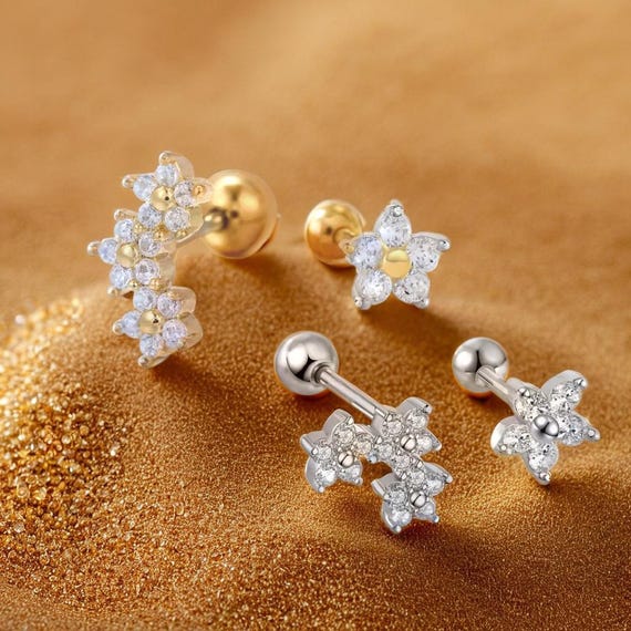 Boucles D'oreilles Fleur à 3 Pétales En Alliage Doré Avec Zirconium - Neuf Sans Emballage, Fermoir Clous