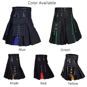 Mens Black Hybrid Utility Kilt Handmade with Detachable Pockets and Laced Accent Detailing