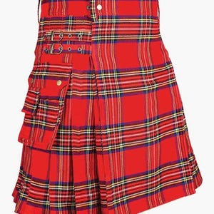 May include: A red tartan kilt with a classic plaid pattern in black, yellow, and blue. The kilt features a pleated design, side pockets, and adjustable straps with metal buckles. It has a button closure at the waist.