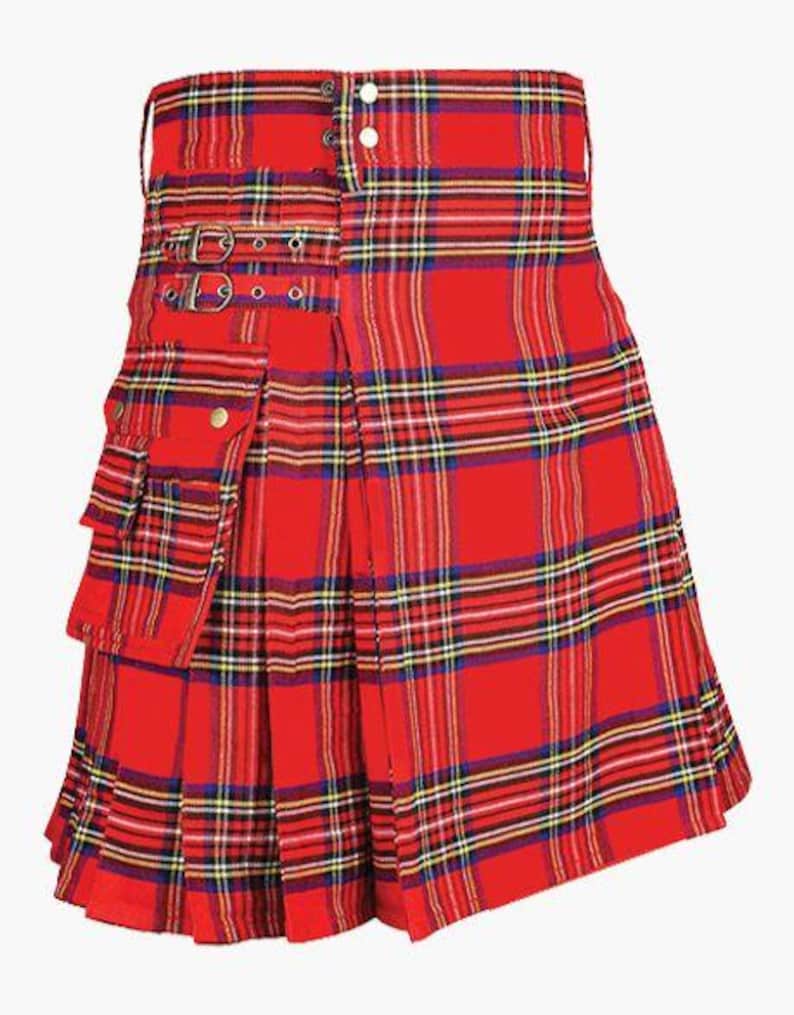 May include: A red tartan kilt with a classic plaid pattern in black, yellow, and blue. The kilt features a pleated design, side pockets, and adjustable straps with metal buckles. It has a button closure at the waist.