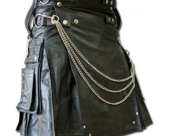 Handmade Black Leather Gothic Kilt with Chains: Steampunk Fashion