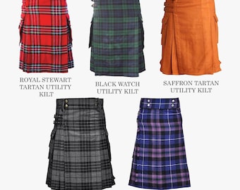 Mens Wool Tartan Utility Kilt – Scottish Highland Outfit, Handmade, Cargo Pockets