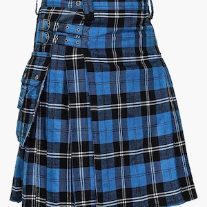 May include: A blue, black, and white plaid kilt with a pleated design. The kilt features a belt, buckles, and a side pocket. The fabric has a traditional tartan pattern. This garment is suitable for various occasions.