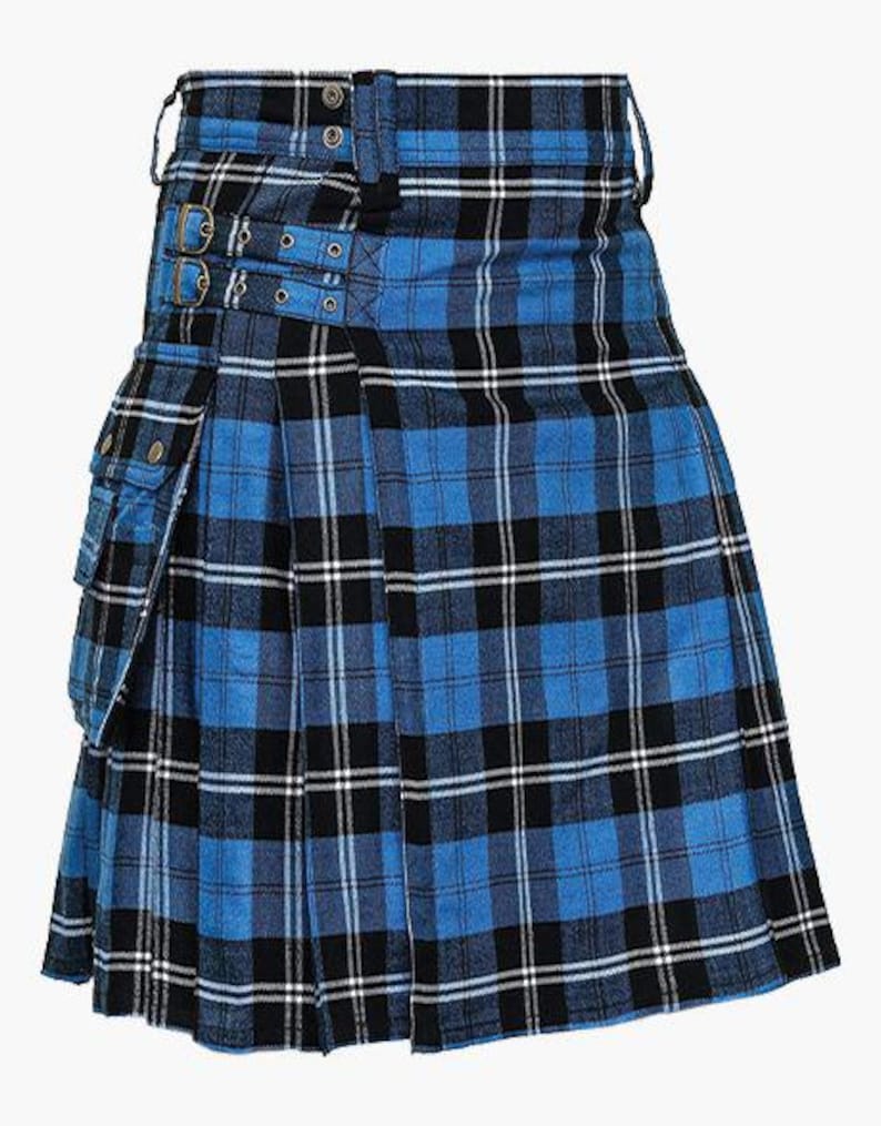 May include: A blue, black, and white plaid kilt with a pleated design. The kilt features a belt, buckles, and a side pocket. The fabric has a traditional tartan pattern. This garment is suitable for various occasions.