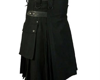 Herren Kilt aus schwarzer Baumwolle: Handgefertigte, verstellbare Lederriemen