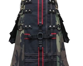 Handmade Gothic Camo Utility Kilt for Men Scottish Tactical Hybrid Style with Functional Pockets