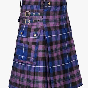 May include: A purple, blue, and black plaid kilt with a pleated design. The kilt features two adjustable buckle straps, a pocket with a flap, and gold-colored button details. The garment is made of a woven fabric.