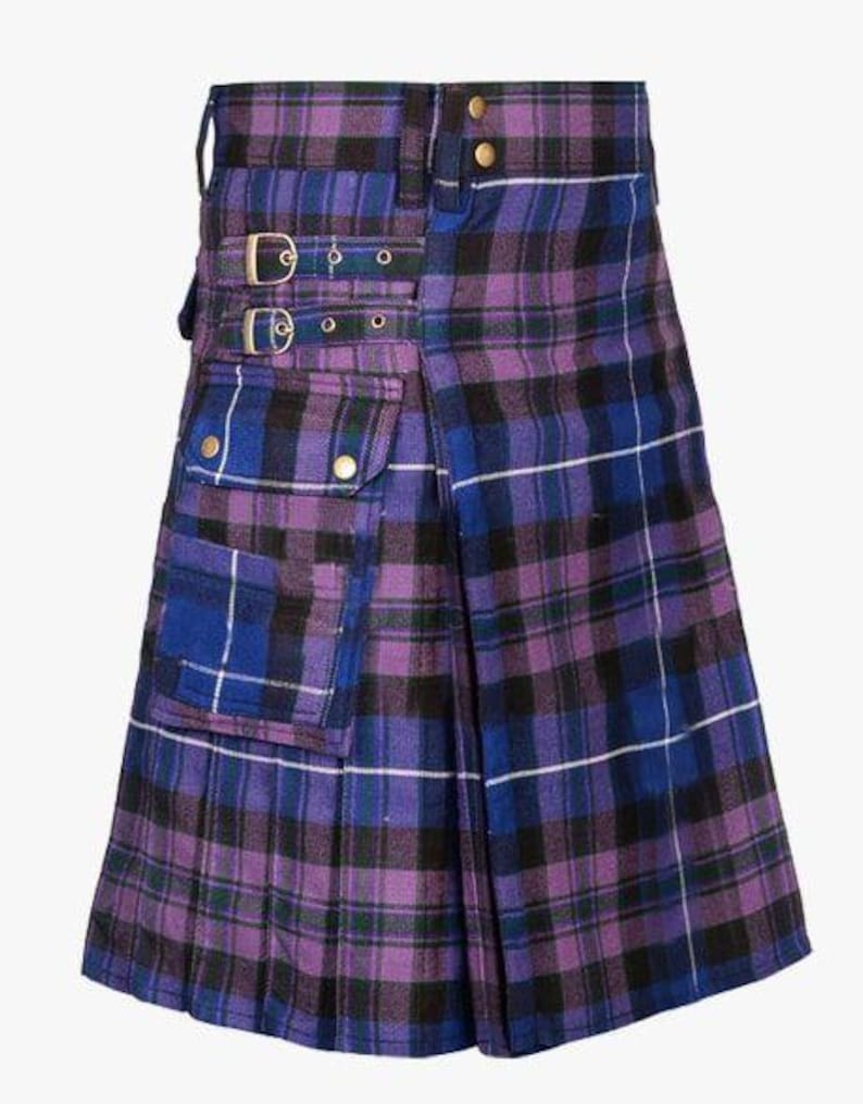 May include: A purple, blue, and black plaid kilt with a pleated design. The kilt features two adjustable buckle straps, a pocket with a flap, and gold-colored button details. The garment is made of a woven fabric.