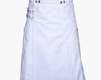 Weißer Baumwolle Kilt für Herren im Scottish Menswear Style mit Funktionalem Cargo Taschen Design