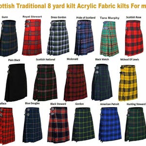 Men’s Traditional Scottish Tartan Kilt – 8 Yard Highland Acrylic Wool with Leather Straps – 50+ Irish & Scottish Tartans - Made to order