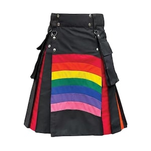 Scottish Men&#39;s Black Rainbow Pride Hybrid Kilt with Multicolor Pleats - Handmade Fashion Custom Rainbow LGBT Kilt