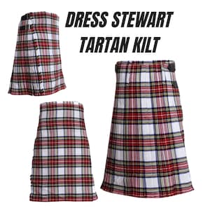May include: Dress Stewart Tartan Kilt in a red, white, and black plaid pattern. The kilt features a pleated design and a buckle closure. The image shows three views of the kilt, highlighting its traditional Scottish design.