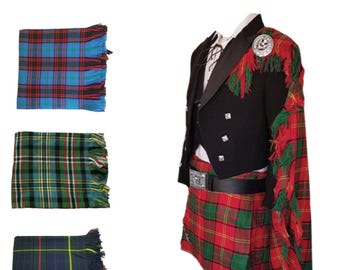 May include: Three different plaid tartans with fringed edges. Each tartan is 48 inches by 48 inches. The tartans are blue and black, green and black, and blue, yellow, and black.