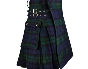 Black Watch Tartan Utility Kilt for Men – Handmade Scottish Fashion Kilt with Cargo Pockets