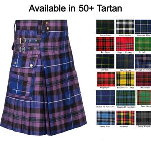 May include: A purple, blue, and black tartan kilt with a pocket and buckle details. The kilt is displayed with a selection of over 50 tartan patterns, including red, green, and blue variations. Text reads "Available in 50+ Tartan."