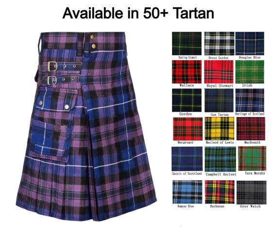 Mens Tartan Utility Kilt – Scottish Highlander Outfit with Cargo Pockets