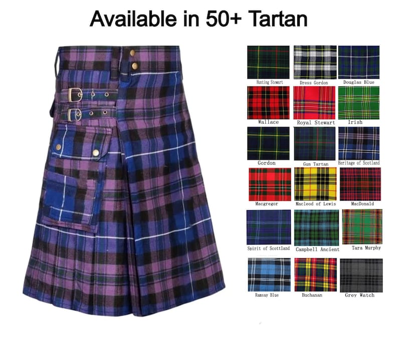 May include: A purple, blue, and black tartan kilt with a pocket and buckle details. The kilt is displayed with a selection of over 50 tartan patterns, including red, green, and blue variations. Text reads "Available in 50+ Tartan."