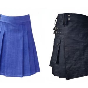 Men’s Blue & Black Denim Kilts – Black Utility Kilt with Cargo Pockets, Blue Plain Style – Scottish Highland Fashion Wear