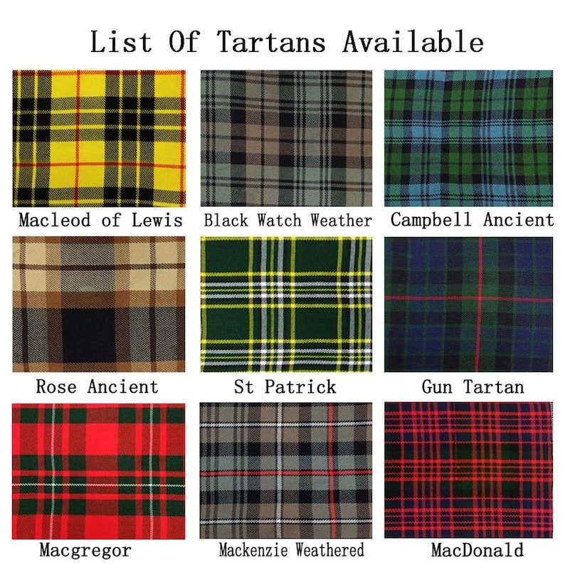 May include: A grid of nine different tartan patterns, each with a unique color scheme and name. The tartans include Macleod of Lewis, Black Watch Weather, Campbell Ancient, Rose Ancient, St Patrick, Gun Tartan, Macgregor, Mackenzie Weathered, and MacDonald.