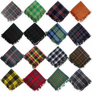 May include: Assortment of 16 colorful tartan squares with fringed edges. The squares are arranged in a grid pattern on a white background.