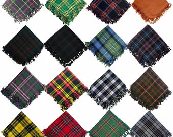 May include: Assortment of 16 colorful tartan squares with fringed edges. The squares are arranged in a grid pattern on a white background.
