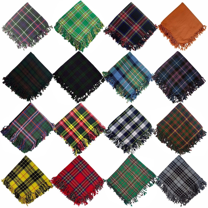 May include: Assortment of 16 colorful tartan squares with fringed edges. The squares are arranged in a grid pattern on a white background.