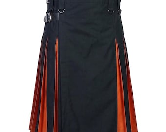 Handmade Black Orange Hybrid Utility Kilt Men Cotton Cargo Pleated Leather Straps Buckle Scottish