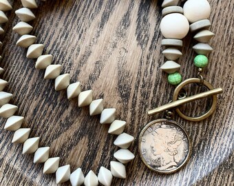 Turquoise Statement Necklace, Antique Coin Necklace, Howlite, Boho Necklace, Wooden Bead Necklace