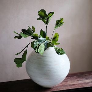May include: A round, off-white ceramic vase with a subtle, horizontal brushed texture. The vase features a wide, bulbous body that tapers towards a narrow opening at the top, containing a leafy green branch with multiple small, oval-shaped leaves.