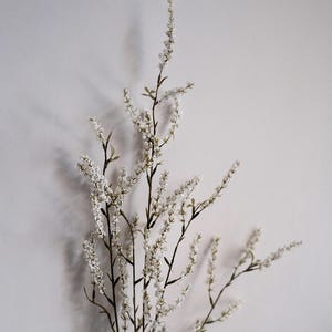 May include: A close-up of a decorative floral stem with small white flowers and green leaves. The branches are dark brown against a white background. The image is well-lit, highlighting the delicate details of the flowers.