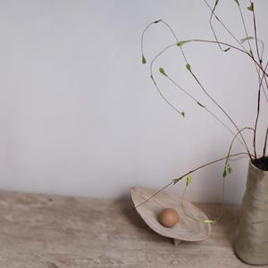 May include: A still life arrangement featuring a beige ceramic vase holding slender, arching branches with small green buds. A wooden, leaf-shaped dish holds a brown egg. The objects are set on a light-colored wooden surface.