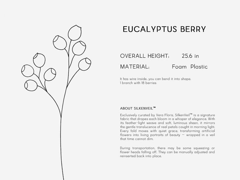 May include: A black and white line drawing of a eucalyptus berry branch with 18 berries. The overall height is 25.6 inches. The material is foam plastic. The text "EUCALYPTUS BERRY" is at the top.
