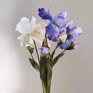 Peut inclure: Un bouquet de fleurs d'iris artificielles aux tons blancs et violets. Les fleurs ont des pétales détaillés et des tiges vertes. L'arrangement est placé sur un fond uni, mettant en valeur les couleurs vives et les textures des fleurs.