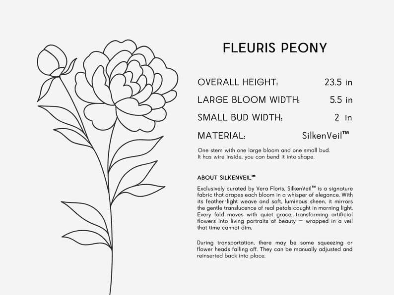 Pode incluir: Desenho a tra&ccedil;o de uma flor de pe&oacute;nia com um bot&atilde;o e folhas. A altura total &eacute; de 59.7 cm, a largura da flor grande &eacute; de 14 cm e a largura do bot&atilde;o pequeno &eacute; de 5 cm. O material &eacute; SilkenVeil.
