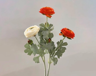 19.7" Set of 3 Real Touch Ranunculus Stems - High Quality Faux Silk Artificial Flowers, Realistic Orange & Ivory Blooms for Wedding, gifts