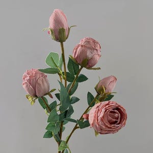 Könnte beinhalten: Ein Stiel mit künstlichen rosa Rosen mit grünen Blättern und Stielen. Die Rosen befinden sich in verschiedenen Stadien der Blüte, mit einigen eng geschlossenen Knospen und anderen vollständig geöffneten. Die Blütenblätter haben ein weiches, strukturiertes Aussehen.