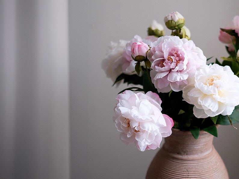 Pode incluir: Um buqu&ecirc; de pe&ocirc;nias rosa claro e brancas em um vaso marrom texturizado. As flores t&ecirc;m m&uacute;ltiplas camadas de p&eacute;talas delicadas, com alguns bot&otilde;es ainda fechados. O vaso &eacute; cil&iacute;ndrico e tem uma apar&ecirc;ncia r&uacute;stica e terrosa. O fundo &eacute; cinza claro neutro.